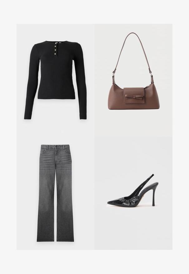Schwarzes langärmliges Rippoberteil mit Rundhalsausschnitt und fünf Knopfblende mit kleinen, hellen Knöpfen. Weiche Textur, figurschmeichelnde Passform.; Graue Denim-Jeans mit weitem Bein und mittlerem Waschlook, ausgestattet mit einem Fünf-Taschen-Design, Knopfverschluss vorne und dezenten Nahtdetails.; Schwarze Leder Slingback-Pumpe mit spitzer Zehe, geraffter Textur an der Vorderseite und hohem Stilettoschuh.; Braune Leder-Umhängetasche mit einer vorderen Klappentasche, die ein gestepptes Schleifendetail und einen verstellbaren Riemen aufweist.