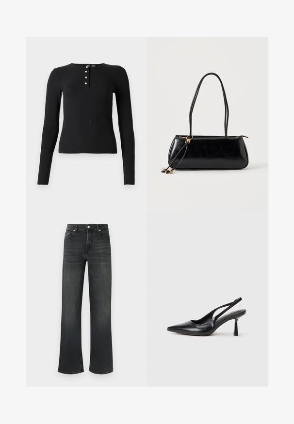 Schwarzes langärmliges Rippoberteil mit Rundhalsausschnitt und fünf Knopfblende mit kleinen, hellen Knöpfen. Weiche Textur, figurschmeichelnde Passform.; Schwarze Jeans aus Denim mit hoher Taille und weitem Bein. Verfügt über fünf Taschen und einen Knopfverschluss sowie dezente Verwaschungen im Stoff.; Schwarzer Leder Slingback High Heel Schuh mit spitzer Zehenpartie und schmalem Absatz auf einem weißen Hintergrund.; Schwarze rechteckige Handtasche mit zwei langen Trägern, goldfarbenem Ringdetail und Reißverschluss auf hellem, einfarbigem Hintergrund.