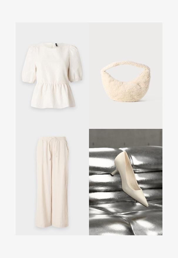 Haut peplum blanc en tissu texturé, avec des manches courtes bouffantes, un col rond et une fermeture en forme de trou de serrure à l'arrière. Motif ondulé subtil sur toute la surface.; Pantalons large en lin beige avec une taille élastique et des poches avant. Texture lisse, tissu léger, design longueur cheville.; Escarpin à bout pointu en matériau blanc brillant avec un talon fin. Le design présente un accent noir sur le talon et une texture lisse.; Sac de couleur crème avec une texture douce et duveteuse. Forme courbée et large sangle pour le porter. Design simple, sans matériel ou accents visibles.