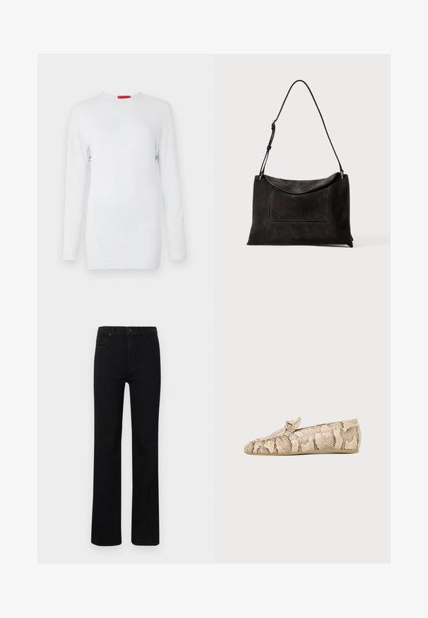 Top blanco de manga larga hecho de una tela suave, con cuello redondo y detalles de costura diagonal para un aspecto texturizado. Etiqueta de la marca en rojo.; Vaqueros negros de denim con diseño de pierna recta, que cuentan con bolsillos delanteros y cierre de botón. Textura suave con un aspecto clásico y versátil.; Mocasín plano beige y marrón con estampado de piel de serpiente, punta redondeada y detalle de hebilla en la parte superior, mostrado de lado sobre un fondo liso.; Bolso de hombro de ante negro con correa ajustable, solapa plegable y bolsillo frontal rectangular sobre un fondo blanco liso.