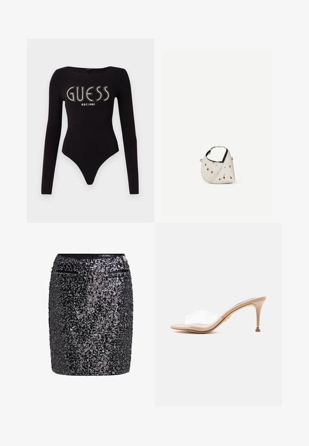 Čierny body s dlhým rukávom a okrúhlym výstrihom, s nápisom "GUESS" vyrobeným z kamienkov a "EST.1981" v bielej farbe, vyrobený z elastického materiálu.; Čierna mini sukňa s flitrami a priliehavým strihom, s textúrovaným povrchom a dvoma malými zipsovými vreckami vpredu.; Béžové vysoké podpätkové mule so širokým priesvitným pásikom a malým zlatým detailom na štíhlom podpätku na jednoduchom pozadí.; Malá biela kabelka s hnedými škvrnami, zaoblený trojuholníkový tvar, čierne vnútorné lemovanie a krátky nastaviteľný popruh so striebornou prackou.