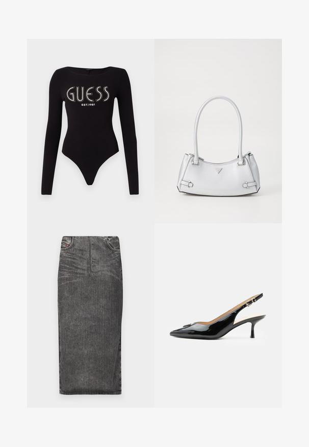 Sort langærmet bodystocking med en scoop-halsudskæring, prydet med "GUESS" i rhinsten og "EST.1981" i hvid, lavet af strækstof.; Grå denim midi-skjørt med vertikale striber, med høj talje, fem lomme-design og en ren kant.; Sort patentlæder slingback hæl med spids tå, lille kitten hæl og sølvspænde på en ensartet hvid baggrund.; Sølv håndtaske med et struktureret design, der har to håndtag, en skinnende overflade, accenthardware og et trekantet logo på fronten.