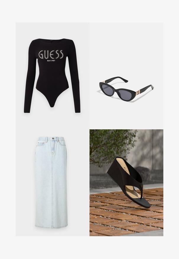 Sort langærmet bodystocking med en scoop-halsudskæring, prydet med "GUESS" i rhinsten og "EST.1981" i hvid, lavet af strækstof.; Lyseblå denim maxi-nederdel med lige design, frontknaplukning og synlige syninger. Har to frontlommer.; Sort kile-sandal med tårem og gyldent trekantet logoemblem, vist over tekstureret murstensgrund med grønt område og væg i baggrunden.; Guess Solbriller - shiny black