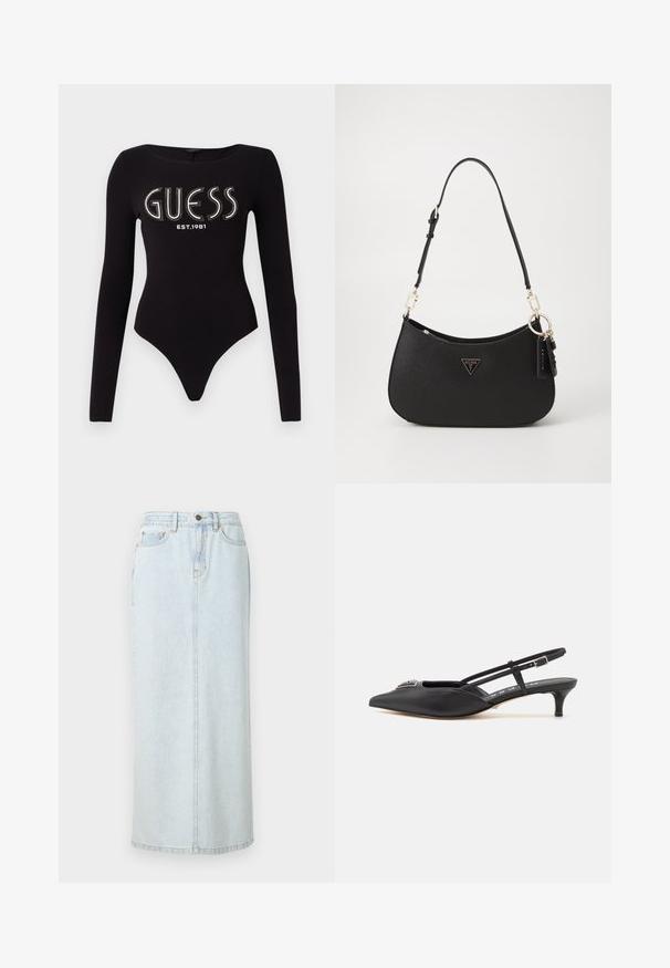 Sort langærmet bodystocking med en scoop-halsudskæring, prydet med "GUESS" i rhinsten og "EST.1981" i hvid, lavet af strækstof.; Lyseblå denim maxi-nederdel med lige design, frontknaplukning og synlige syninger. Har to frontlommer.; Sorte slingback-sko med spids tå, lavet af glat materiale, med en lille hæl og en dekorativ sølvaccent på vamps.; Sort syntetisk håndtaske med en buet form, guldfarvet hardware og et trekantet logo. Har lynlås lukning og en justerbar rem.