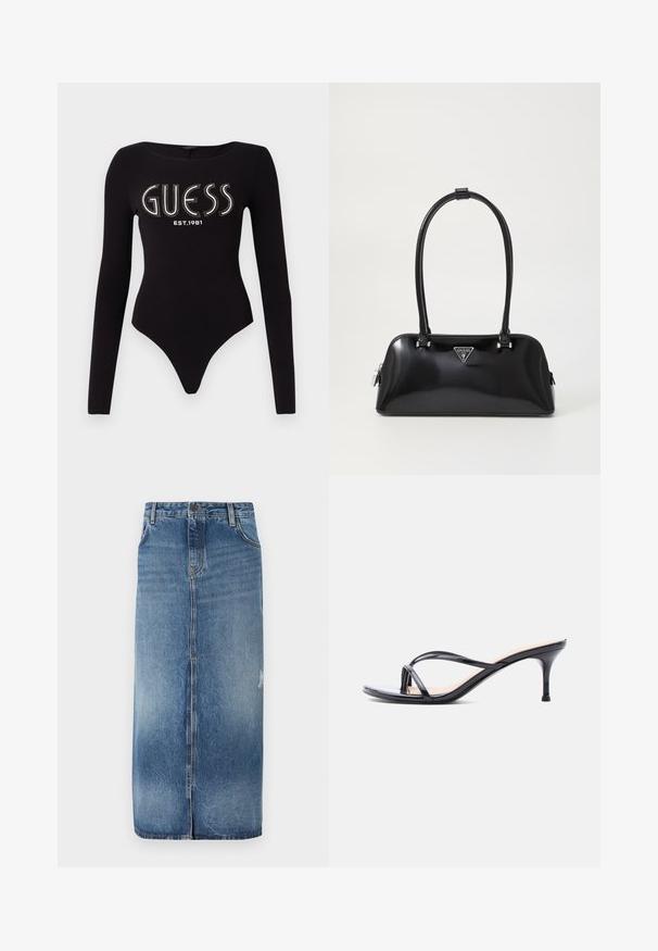 Sort langærmet bodystocking med en scoop-halsudskæring, prydet med "GUESS" i rhinsten og "EST.1981" i hvid, lavet af strækstof.; Denim midi nederdel med en lys til mørkeblå gradient, frontlukning og subtile slidte detaljer nær sømmen. Råkant i bunden.; Sort laklædersandal med hæl, tynde krydsede remme og en slank mellemhøj stilethæl på en hvid baggrund.; Sort glanshandtaske med en buet silhuet, to håndtag og en frontlogo-plakette. Lynlås lukning og skinnende hardware-detaljer.