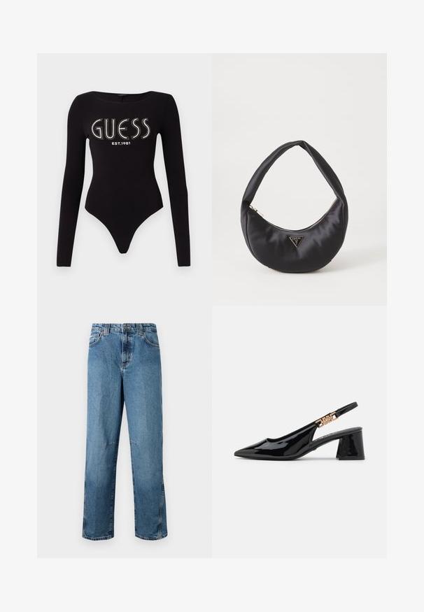 Sort langærmet bodystocking med en scoop-halsudskæring, prydet med "GUESS" i rhinsten og "EST.1981" i hvid, lavet af strækstof.; Lyseblå denimjeans med lige pasform, udstyret med stiklommer, en frontknaplukning og minimal falmning på stoffet.; Sorte patentlæder slingback pumps med spidse tæer og guldfarvet hardware på remmen, med en blokhælhøjder. Glat tekstur.; Sort satin håndtaske med en buet form, der har en lynlåslukning og et trekantet logo i metal på forsiden. Glat tekstur og slankt design.