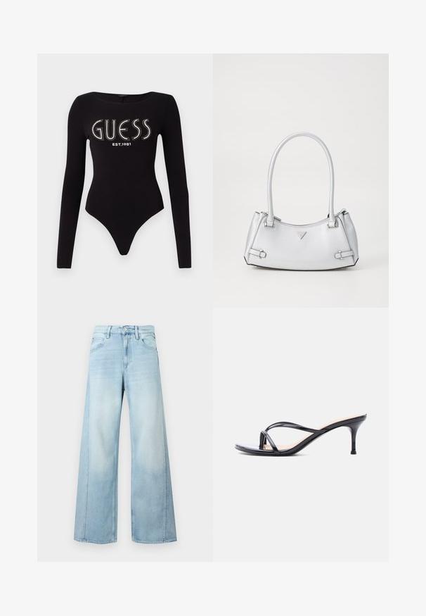 Sort langærmet bodystocking med en scoop-halsudskæring, prydet med "GUESS" i rhinsten og "EST.1981" i hvid, lavet af strækstof.; Bukser i lyseblåt denim med vide ben og høj talje, med knap foran, lynlås og design med fem lommer, vist på en ensfarvet hvid baggrund.; Sort laklædersandal med hæl, tynde krydsede remme og en slank mellemhøj stilethæl på en hvid baggrund.; Sølv håndtaske med et struktureret design, der har to håndtag, en skinnende overflade, accenthardware og et trekantet logo på fronten.