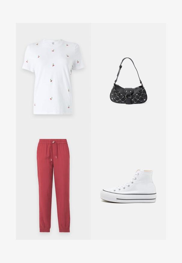 Witte katoenen t-shirt met korte mouwen, voorzien van verspreide rode kersborduursels en groene stelen als opvallende decoratieve details.; Rode, lichte, taps toelopende broek met een elastische tailleband en een trekkoord. Heeft enkelschoenen en een soepele textuur.; Witte hoge sneakers van canvasmateriaal, zwarte rubberen zool en contrasterende zwarte streep op de tussenzool. Circulaire neus en vetersluiting.; Zwarte handtas met een gekruist textuur, voorzien van zilveren hardware, een gebogen vorm en een enkele verstelbare hengsel. Ritssluiting aan de bovenkant.