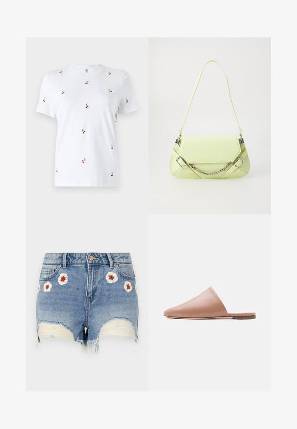 Weißes Baumwoll-T-Shirt mit kurzen Ärmeln, das mit verstreutem roten Kirschstickerei und grünen Stängeln als wichtigen dekorativen Details versehen ist.; Denim-Shorts mit ausgefranstem Saum, hellblaue Farbe, mit blütenförmiger Stickerei in Weiß und Braun an der Vorderseite. Fünf-Taschen-Design.; Beige Leder-Mule ohne Ferse mit spitzer Spitze und flacher Sohle, im Seitenprofil vor hellem, einfarbigem Hintergrund dargestellt.; Hellgrüne synthetische Handtasche mit glatter Textur, einem abnehmbaren Kettenriemen und dekorativen Schnallen; rechteckige Form mit verjüngten Seiten.