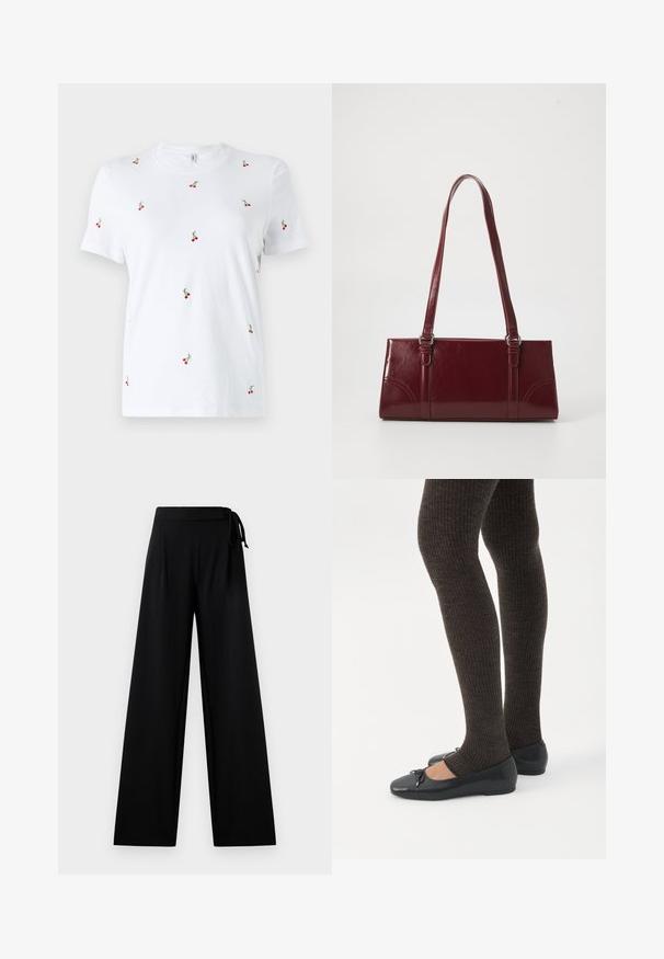 Witte katoenen t-shirt met korte mouwen, voorzien van verspreide rode kersborduursels en groene stelen als opvallende decoratieve details.; Zwarte wijde broek van soepel materiaal met een hoge tailleband en een strikdetail. Ze hebben een luchtige, ontspannen silhoeet.; Benen met donkere geribbelde leggings gecombineerd met zwarte ballerina's met kleine strikdetails op een witte achtergrond.; Bourgondische handtas van glanzend materiaal, rechthoekige vorm, met twee schouderbanden en subtiele gebogen accenten aan de voorkant.