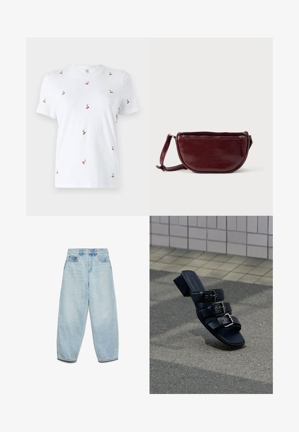 Weißes Baumwoll-T-Shirt mit kurzen Ärmeln, das mit verstreutem roten Kirschstickerei und grünen Stängeln als wichtigen dekorativen Details versehen ist.; Hellblaue Denim-Jeans mit entspannter Passform, hoher Taille und weiten Beinen, die eine leicht verblasste Textur und ein klassisches Fünf-Taschen-Design aufweisen.; Schwarze Mule-Sandale mit offenem Zehenbereich, drei Schnallenriemen und niedrigem Blockabsatz, die auf einer Asphaltfläche nahe einem gepflasterten Gehweg steht.; Dunkelroter Lederhandtasche in halbmondförmiger Form mit Reißverschluss und abnehmbarem Tragegurt. Glatte Textur mit dezentem Glanz.