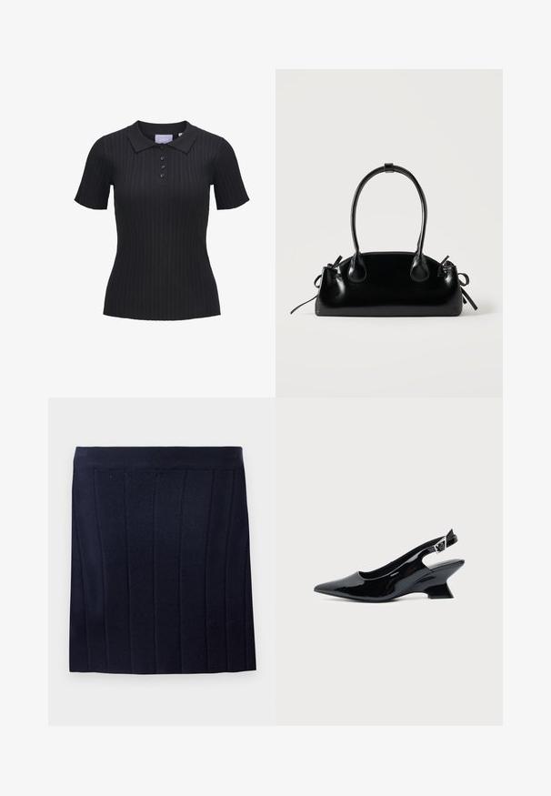 Čierna krátky rukáv rebrovaná pletená polokošeľa so štyrmi gombíkmi a tradičným golierom.; Object OBJTHESS - Minisukňa - sky captain; Čierna lakovaná slingback topánka so špicatou špičkou a nízkym šikmým blokovým opätkom na jednoduchom svetlom pozadí.; Malá čierna lesklá kabelka s dvoma dlhými rúčkami a bočnými šnúrkovými detailmi na jednoduchom svetlom pozadí.
