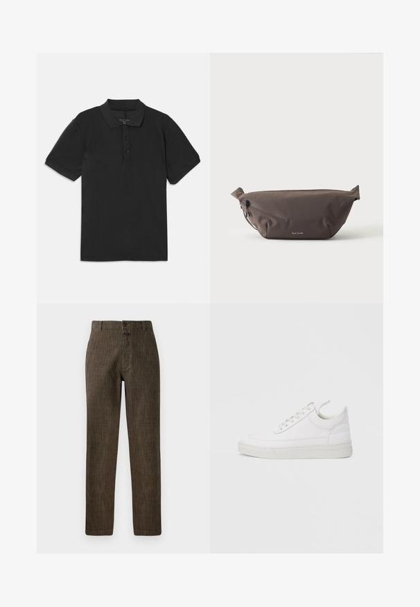 Polo noir à manches courtes, avec un col et une patte de boutonnage à trois boutons. Fabriqué à partir d'un tissu lisse et léger, présentant un design classique.; Pantalons en velours côtelé marron avec des rayures verticales, une coupe droite et une fermeture à bouton à l'avant. Texture lisse avec un design classique.; Baskets en cuir blanc avec un embout arrondi, une semelle plate et un laçage à l'avant. Présentent des détails de couture et un col rembourré pour plus de confort.; Sac banane en tissu marron foncé avec poche zippée en diagonale et petit logo blanc sur le devant, sur un fond clair uni.
