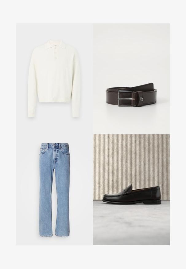 Hvid pullover sweater med krave, tre knapper foran og ribbede manchetter og kant. Blødt, struktureret stof med en afslappet pasform.; Lyseblå denimjeans med lige ben design, fem lommer og knaplukning. Syninger nær lommer og talje.; Sort læder penny loafer med lav hæl, rundet tå og syningsdetaljer langs fronten og siderne, vist på neutral baggrund.; Brun læderbælte med en glat overflade, der har en sølvfarvet, rektangulær spænde og røde syninger. Logo detaljeret på stroppen.