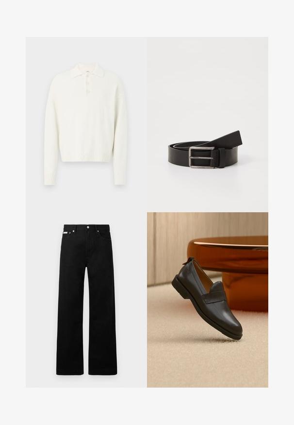 Hvid pullover sweater med krave, tre knapper foran og ribbede manchetter og kant. Blødt, struktureret stof med en afslappet pasform.; Sorte denimbukser med bred ben-design, der har fem lommer og metallisk knapdetalje. Glat tekstur, uden synlige mønstre.; Sort læderloafer med lav hæl svævende over beige tæppe ved siden af et blankt ravfarvet bord i et minimalistisk rum.; Sort læderbælte med en mat finish, der har en rektangulær metalspænde og et rem med Calvin Klein-logoet.