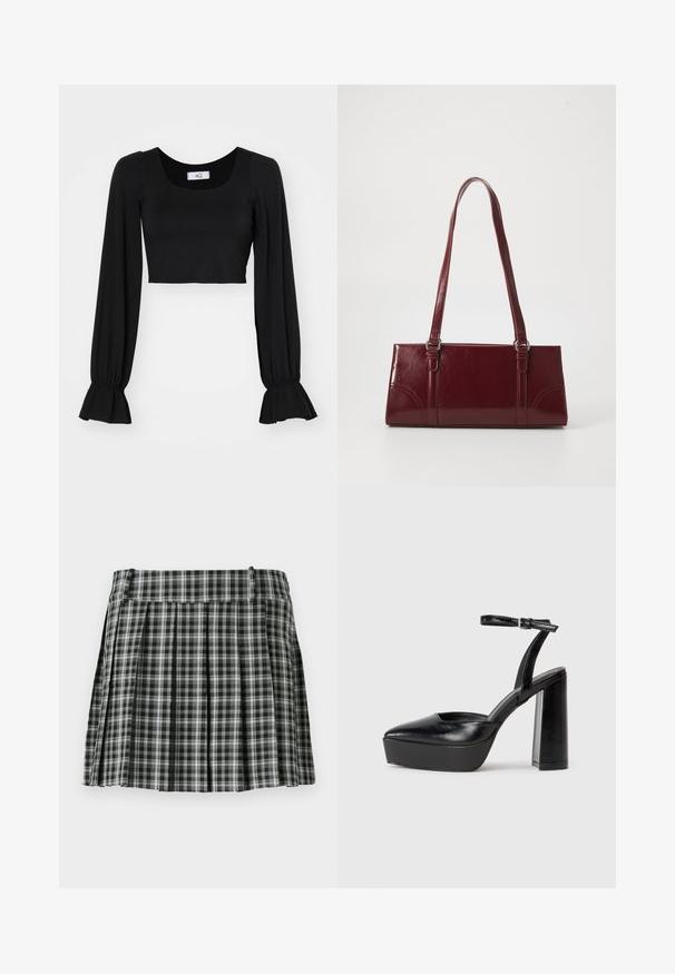 Top corto negro con escote cuadrado, mangas largas abullonadas y puños fruncidos. Hecho de un tejido suave con una textura lisa.; Falda plisada de cuadros en blanco y negro con una cintura suave y múltiples pliegues verticales. Fabricada en un tejido ligero.; Zapatos de tacón negro con punta afilada y correa ajustable en el tobillo. Confeccionados en cuero suave, presentan un tacón grueso.; Bolso burdeos hecho de material brillante, de forma rectangular, con dos asas para el hombro y sutiles acentos curvados en la parte frontal.