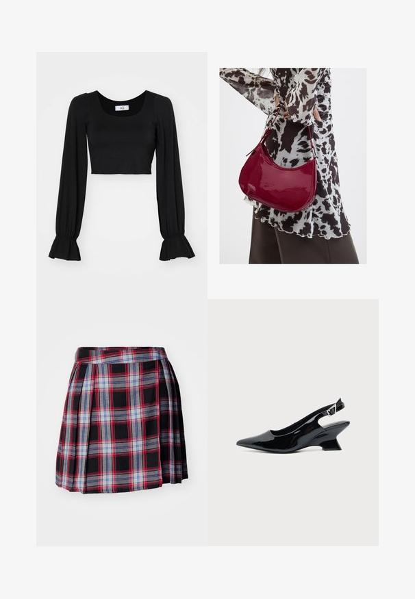 Zwart cropped top met een vierkante halslijn, lange poffende mouwen en geplooide manchetten. Gemaakt van zachte stof met een gladde textuur.; Zwarte geruite rok met rode, blauwe en grijze checks, met plooien en een platte tailleband voor een gestructureerde pasvorm. Zachte stoftextuur.; Zwarte lakleren slingback schoen met spitse neus en lage schuine blokhak op een effen lichte achtergrond.; Vrouw met een zwart-wit gebloemde blouse houdt een glanzende rode schoudertas vast tegen een effen achtergrond.