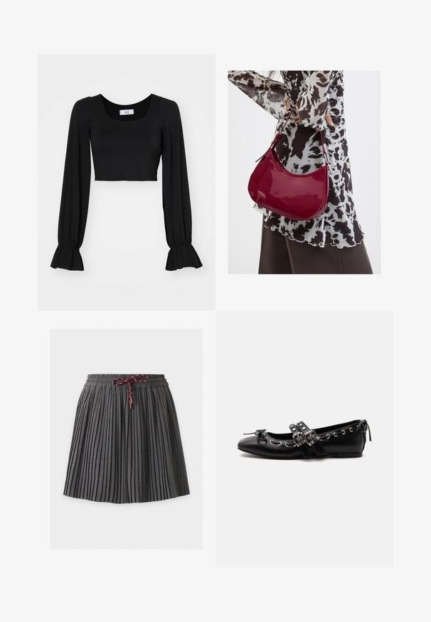 Zwart cropped top met een vierkante halslijn, lange poffende mouwen en geplooide manchetten. Gemaakt van zachte stof met een gladde textuur.; Donkergrijze geplooide rok met een elastische tailleband en een gebonden bordeaux koord aan de voorkant in het midden.; Zwarte platte balletschoen met dubbele gespsluitingen, zilveren oogjes en een klein strikje nabij de afgeronde neus op een witte achtergrond.; Vrouw met een zwart-wit gebloemde blouse houdt een glanzende rode schoudertas vast tegen een effen achtergrond.