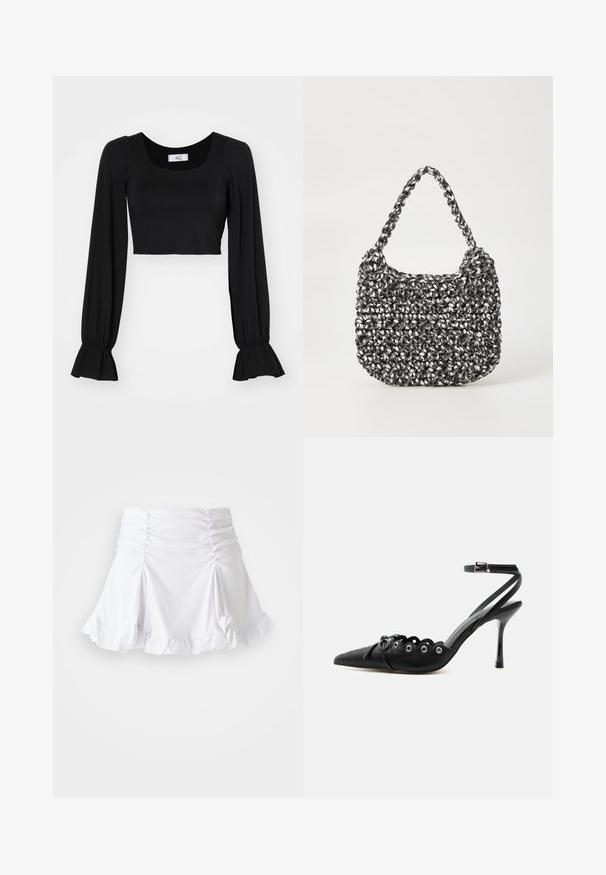 Zwart cropped top met een vierkante halslijn, lange poffende mouwen en geplooide manchetten. Gemaakt van zachte stof met een gladde textuur.; Witte rok van gestructureerde stof met ruches en een gerimpelde zoom. Heeft een uitlopende ontwerp met een aansluitende taille.; Zwarte pumps met hoge hak en spitse neus, gegolfde randen, metalen oogjes, vetergespsluiting aan de voorzijde en enkelriem met gespsluiting.; Geweven handtas in zwart en wit met een ronde vorm, gestructureerd oppervlak en een gevlochten handvat. Geschikt voor dagelijks gebruik.