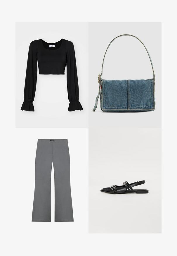 Zwart cropped top met een vierkante halslijn, lange poffende mouwen en geplooide manchetten. Gemaakt van zachte stof met een gladde textuur.; Grijze uitlopende broeken met een gladde textuur, voorzien van een hoge taille en een strakke vormgeving. Geen zichtbare patronen of metalen details.; Even&Odd Slingback ballerina´s - black; Denim schoudertas met een opvouwbaar ontwerp, lichtblauwe kleur, zichtbare stiksels, verstelbare schouderband en een zijlabel accent.