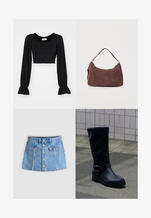 Zwart cropped top met een vierkante halslijn, lange poffende mouwen en geplooide manchetten. Gemaakt van zachte stof met een gladde textuur.; Lichtblauwe denim minirok met knoopsluiting aan de voorkant en twee klepzakken, plat gelegd op een neutrale achtergrond.; Zwarte leren kuitlaars met een lage blokhak en een decoratieve riem met metalen gesp rond de enkel, op een betegeld trottoir.; Bruine suède schoudertas met een enkele handgreep en een ritssluiting, afgebeeld tegen een effen lichte achtergrond.