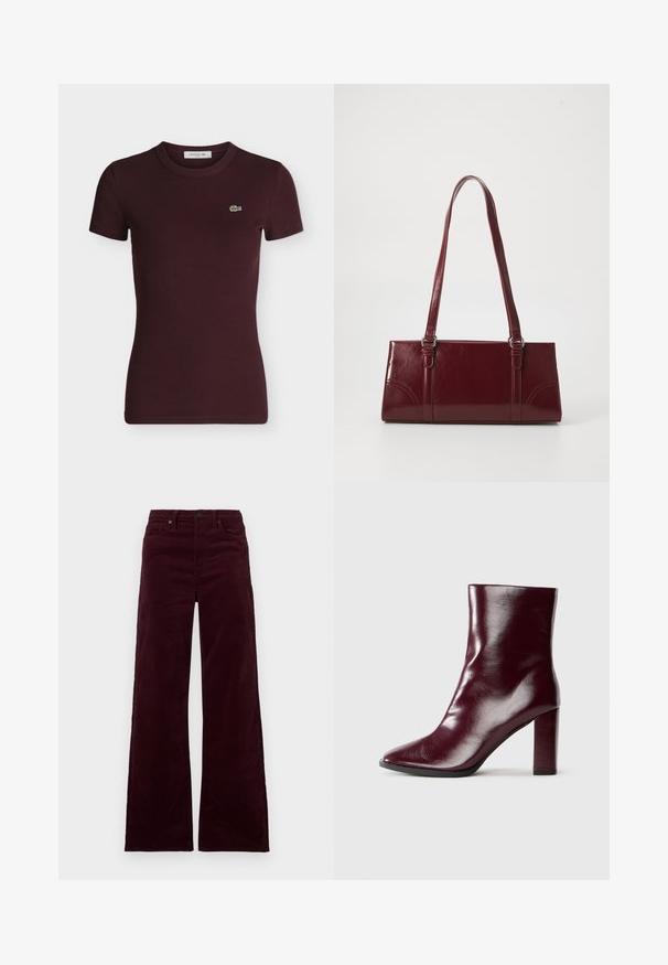 T-shirt Lacoste marron foncé côtelé manches courtes avec col rond et petit logo crocodile vert sur la poitrine gauche.; Pantalon large en velours côtelé bordeaux à taille haute, doté d'une fermeture éclair, d'un bouton et de poches latérales. Texture lisse avec des côtes verticales.; Botte en cuir bordeaux foncé brillant mi-mollet avec bout pointu et talon bloc haut sur fond neutre.; Sac à main bordeaux en matériau brillant, de forme rectangulaire, avec deux anses et des accents légèrement courbés à l'avant.