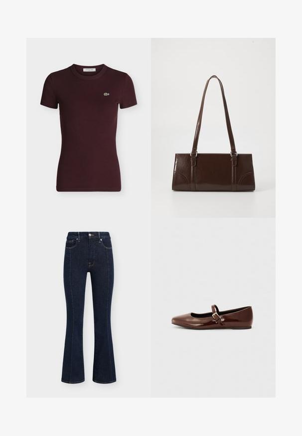T-shirt Lacoste marron foncé côtelé manches courtes avec col rond et petit logo crocodile vert sur la poitrine gauche.; Jean en denim bleu foncé taille haute avec poches avant et arrière, fermeture par bouton et fermeture éclair, et légère évasure aux jambes.; Ballerine en cuir verni marron avec un bout carré et une lanière ornée d'une petite boucle dorée. Texture lisse, talon bas et design minimaliste.; Sac à main en cuir verni marron de forme rectangulaire, avec deux longues poignées et des accents courbés subtils à l'avant.