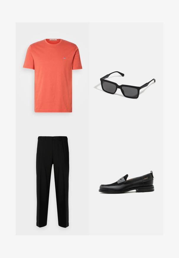 T-shirt en coton corail à manches courtes, col rond, avec un petit logo sur la poitrine. Texture lisse et coupe classique.; Pantalon noir en tissu lisse, présentant une coupe droite, deux poches avant et une fermeture à glissière avec bouton.; Mocassin en cuir noir avec détail de bride grise, talon bas et semelle texturée, marqué "HUGO" en or sur le côté.; Lunettes de soleil noires avec des verres rectangulaires, finition mate, épaisses montures et branches fines comprenant un subtil détail de marque.
