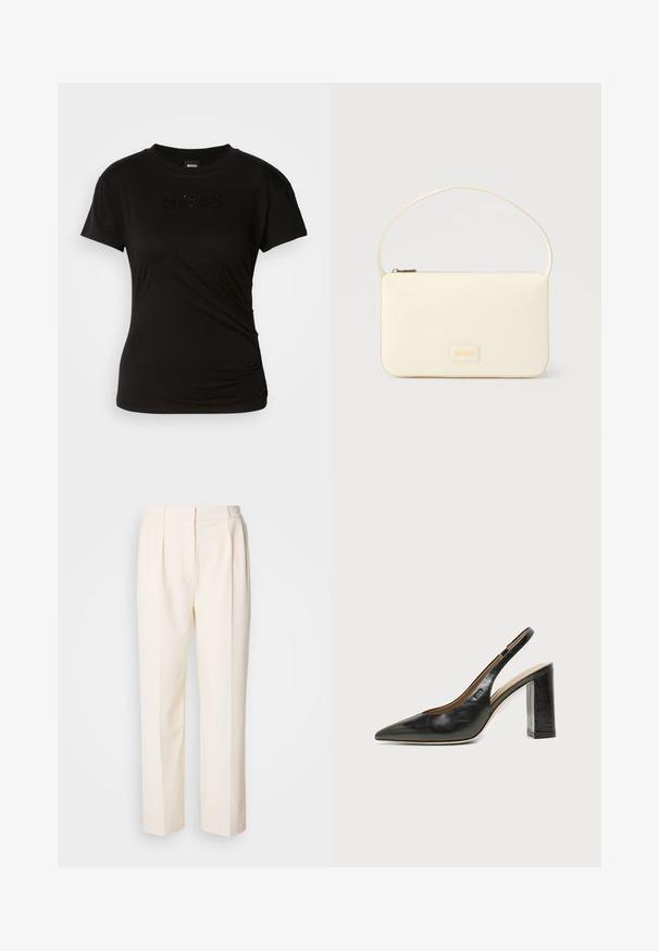 Zwarte T-shirt van zacht materiaal, met korte mouwen en een ronde hals. Het woord "BOSS" is geborduurd met glanzende zwarte accenten.; Lacoste Broek - lapland; Zwarte leren slingback schoen met spits toelopend neusje, hoge blokhak en beige binnenvoering tegen een effen lichte achtergrond.; Roomkleurige rechthoekige handtas met een enkele draagband en een ritssluiting aan de bovenkant, met een klein ingegraveerd logoplacaat op de voorkant.