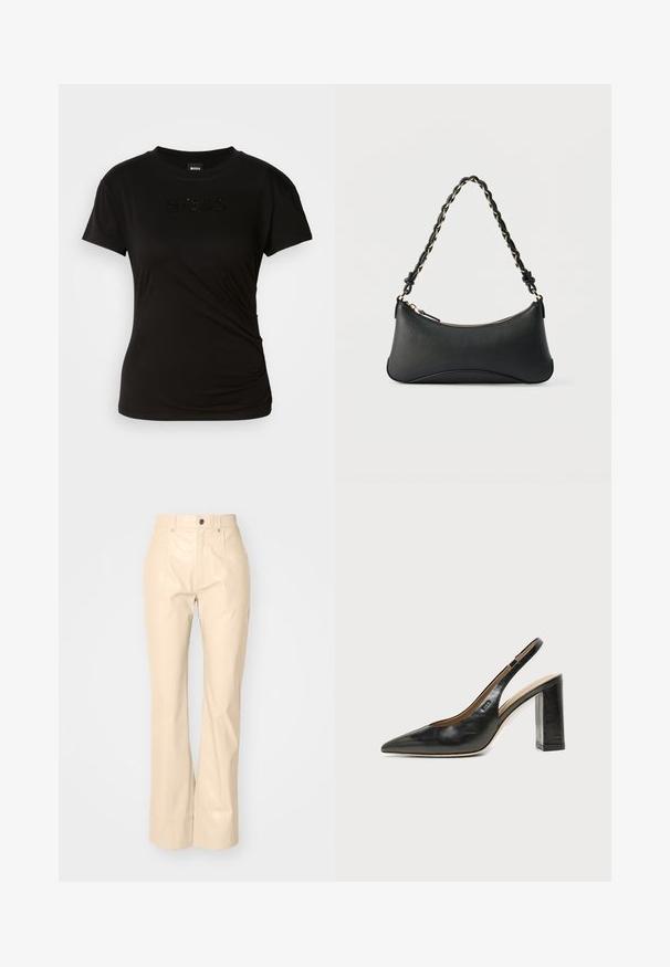 Camiseta negra hecha de tela suave, con mangas cortas y escote redondo. La palabra "BOSS" está bordada con acabados negros brillantes.; Pantalones acampanados de imitación de cuero beige con una textura suave, que cuentan con bolsillos frontales, cierre de botón y un acabado ligeramente brillante.; Zapato slingback de piel negra con puntera puntiaguda, tacón alto y ancho, y forro interior beige sobre un fondo claro y liso.; Bolso de hombro de cuero negro con forma rectangular curvada, cadena dorada entrelazada en una correa negra trenzada y cierre superior con cremallera.