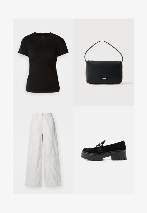 Sort t-shirt lavet af blødt stof, med korte ærmer og rund halsudskæring. Ordet "BOSS" er broderet med blanke sorte detaljer.; Bredde ben cargo-bukser i lys beige, lavet af letvægtig stof. Har sidelommer og en knaplukning ved taljen.; Sort ruskindslipper med kraftig sål, sølvspænde og præget "HUGO" på sidesnoren, vist fra ydersiden.; Sort rektangulær skuldertaske i læder med en lille guld "HUGO" logo-patch og en enkelt tynd rem.