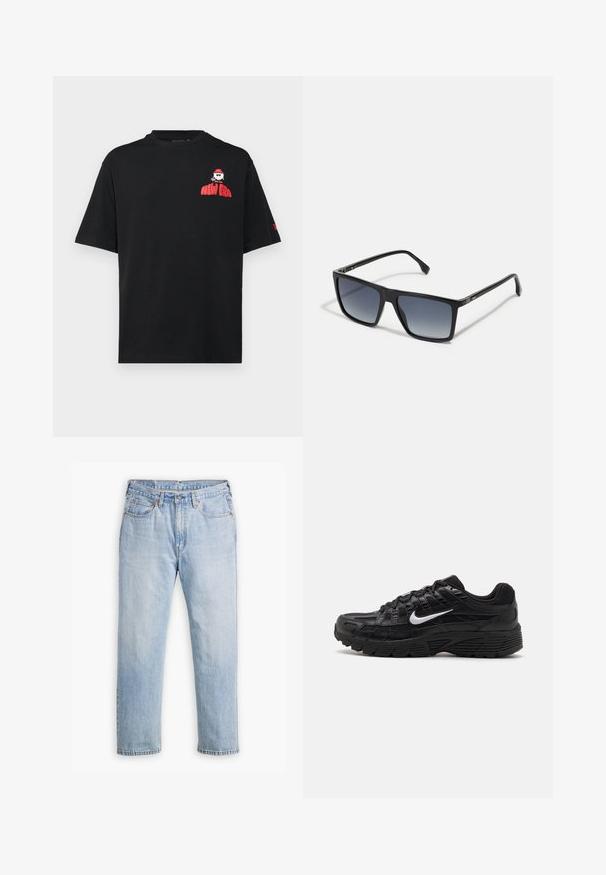 Schwarzes Baumwoll-T-Shirt mit kurzen Ärmeln, rundem Ausschnitt und rographic "NEW ERA" auf der linken Brust. Einfaches, lockeres Design.; Helle blaue Denim-Jeans mit geradem Bein, im Fünf-Taschen-Stil und kontrastierenden Nähten. Knopf- und Reißverschluss an der Taille.; Schwarze Sportschuhe mit einem strukturierten Mesh-Obermaterial und Gummisohle. Ikonisches weißes Swoosh-Logo an der Seite, mit Schnürdesign.; Schwarze rechteckige Sonnenbrillen mit verlaufsdunklen bis hellen Gläsern. Kunststoffrahmen mit schlankem Design und minimalen Hardwaredetails an den Seiten.