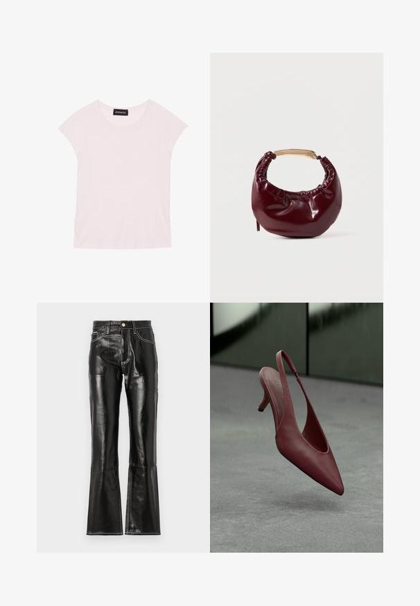 T-shirt rose clair à manches courtes, décolleté rond et détails froncés sur les côtés. Fabriqué en tissu doux et léger.; Pantalon noir taille haute évasé en matériau brillant avec des coutures blanches contrastantes et une fermeture éclair à l'avant. Comprend deux poches avant.; Escarpin à talon kitten en cuir bourgogne avec bout pointu, flottant au-dessus d'une surface grise texturée devant un mur vert foncé.; Sac à main en simili cuir bordeaux avec une forme arrondie, des détails froncés et une anse en métal doré. Texture lisse et finition brillante.
