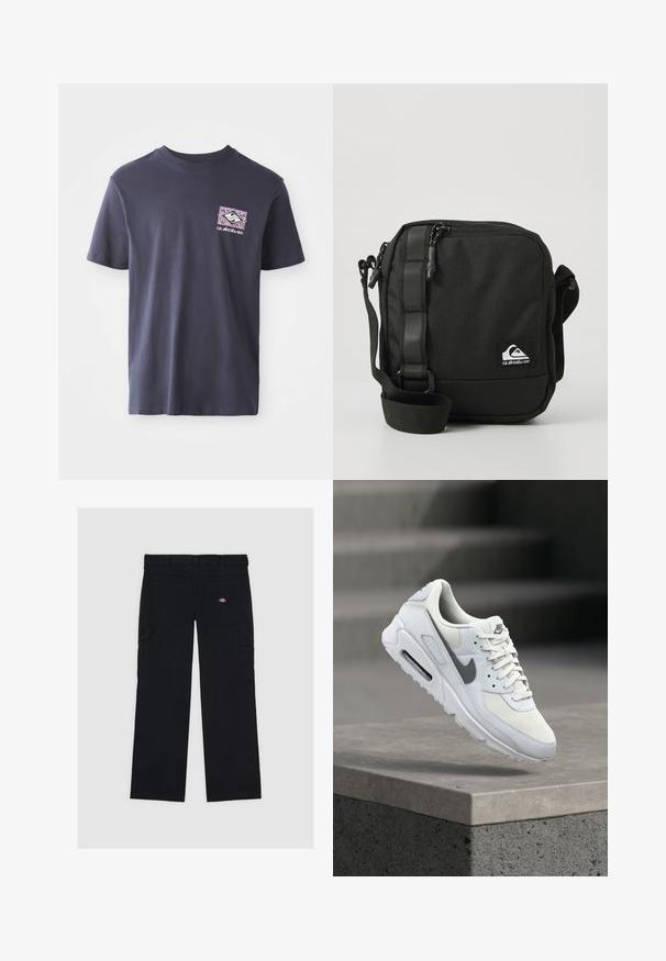 Marineblaue Baumwoll-T-Shirt mit Rundhalsausschnitt und kurzen Ärmeln. Mit einem geometrischen Grafikdruck in Lila und Weiß auf der linken Brust.; Schwarze Cargo-Hosen aus Baumwolle mit mehreren Taschen, einer glatten Textur und einem Logo-Patch auf der rechten hinteren Tasche.; Weißer Nike Air Max Sneaker mit grauem Swoosh schwebt über einer Betonkante, zeigt Seiten- und Vorderansichten.; Kompakte schwarze Umhängetasche mit verstellbarem Schultergurt, vorderer Reißverschlusstasche und einem kleinen weißen Quiksilver-Logopatch.