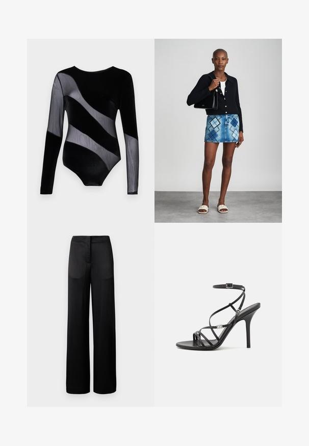 Body en velours noir à manches longues, avec des panneaux diagonaux et des manches en transparence, doté d'un décolleté rond et d'une silhouette ajustée.; Pantalons noirs à jambes larges avec une surface texturée, dotés d'une taille plate et de deux poches latérales. Le tissu semble léger et fluide.; Sandale noire à talons hauts avec des brides fines, une boucle à la cheville, une surface en cuir lisse et un talon aiguille élancé.; Un cardigan en maille noir, un haut blanc, une jupe en denim avec un motif de diamants bleus et noirs, un sac à main noir et des sandales à enfiler beiges.