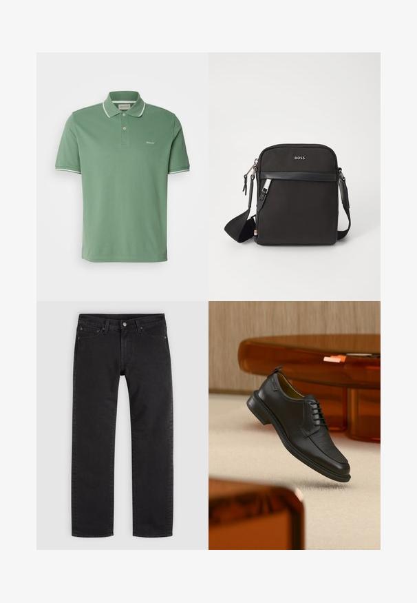 Grøn polo shirt lavet af bomuld, med krave, to-knaps placket og hvidkantede ærmer med diskret logo broderi.; Sorte jeans med lige ben, frontknap og lynlås, bæltestropper og design med fem lommer på en ensfarvet lys baggrund.; Sort lædersko med snørebånd og tekstureret front, svævende over beige tæppe i et moderne rum med møbler i ravfarvet toning.; Sort crossbody taske med et struktureret stof, logo på fronten, lynlås lukning og justerbar rem. Har en glat læderkant.