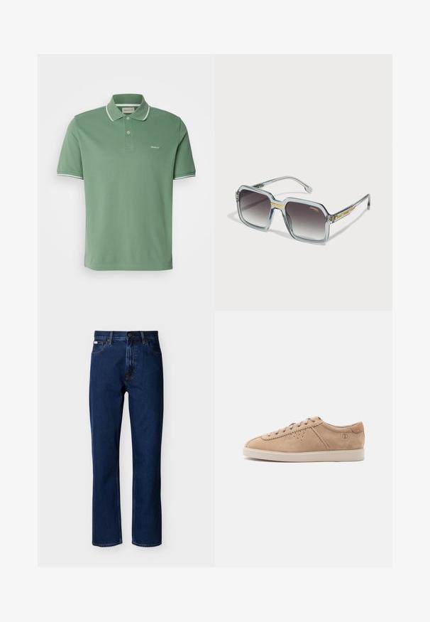 Πράσινο polo shirt από βαμβάκι, με γιακά, μπροστινό κλείσιμο με δύο κουμπιά και λευκές ρίγες στις μανσέτες, διακοσμημένο με διακριτική κεντημένη λογότυπο.; Σκούρα μπλε τζιν με ίσια γραμμή, κατασκευασμένα από denim, με κλασικό σχέδιο πέντε τσεπών, διακριτικό ράψιμο και κλείσιμο με κουμπί μπροστά.; Μπεζ σουέντ χαμηλό παπούτσι με κορδόνια μπροστά, διάτρητες λεπτομέρειες στα πλευρά και ελαφριά λαστιχένια σόλα σε απλό λευκό φόντο.; Γκρίζα ορθογώνια γυαλιά ηλίου με φακούς με κλίση, διαφανής σκελετός και χρυσές λεπτομέρειες στους κροτάφους. Διαθέτουν έντονο, γεωμετρικό σχέδιο.