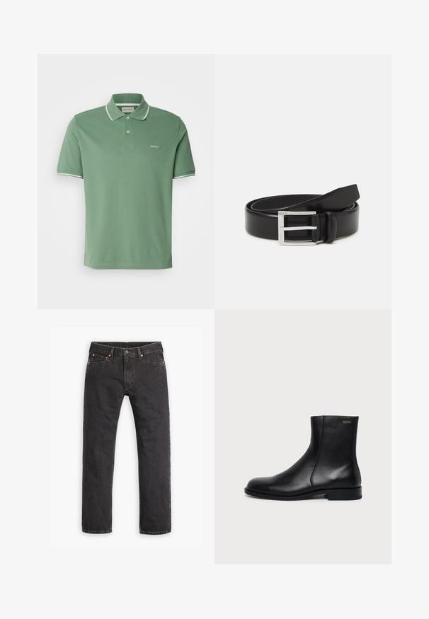 Polo vert en coton, doté d'un col, d'un plastron à deux boutons et de finitions blanches sur les manches avec un discret brodé de logo.; Jeans en denim noirs à jambes droites avec cinq poches, fermeture à bouton et rivets cuivrés, posés à plat sur un fond blanc.; Bottine en cuir noir à talon bas, couture latérale et petit logo "HUGO" sur le revers supérieur sur un fond uni.; Ceinture en cuir noir avec une finition brillante ; elle présente une boucle en métal argenté avec un design à cadre rectangulaire et des bords lisses.