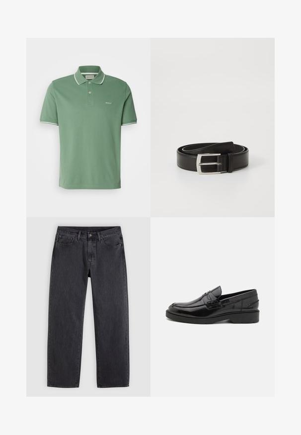 Camisa polo verde de algodón, con cuello, tapeta de dos botones y ribete blanco en las mangas, además de un sutil bordado del logo.; Vaqueros con rayas verticales negras, corte recto, confeccionados en denim, con cierre frontal de botones y cinco bolsillos.; Mocasines de cuero negro con un acabado suave, punta redondeada, tacón bajo y costura decorativa en la parte delantera. Suela de goma para mayor agarre.; Cinturón de cuero negro con una textura suave, que cuenta con una hebilla rectangular de metal plateado y un diseño clásico.
