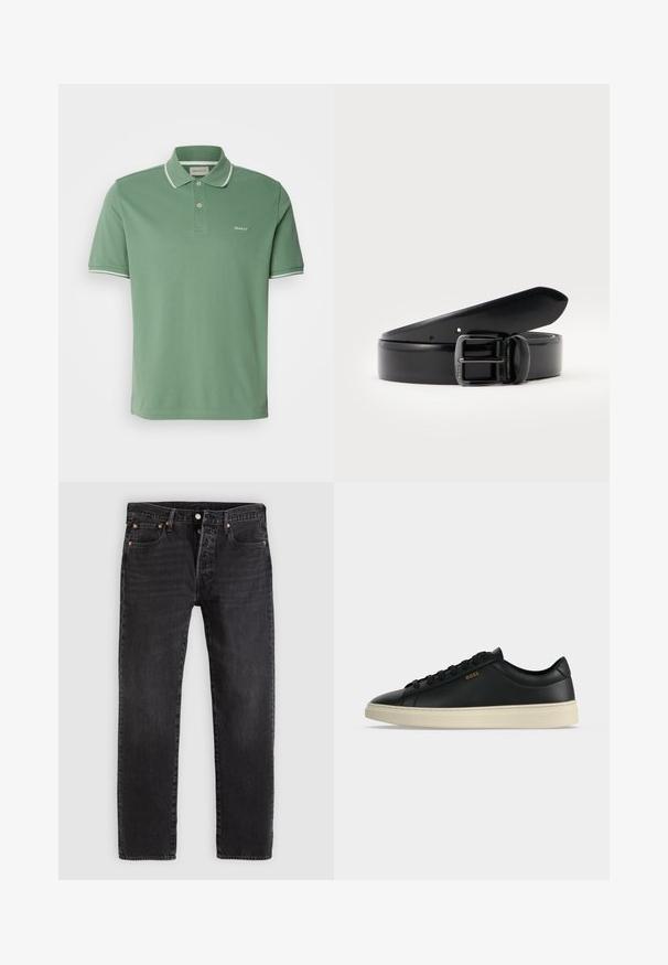 Groene poloshirt van katoen, met een kraag, een tweeknoopssluiting en witte afwerking op de mouwen met subtiele logo-embroidering.; Zwarte denim jeans met een rechte pasvorm, voorzien van twee voorzakken, een muntenzakje en metalen klinknagels. Klassiek ontwerp met vijf zakken.; Zwarte lage leren sneaker met witte zool, zwarte veters en klein gouden BOSS-logo aan de zijkant.; Zwarte leren riem opgerold met een zwarte metalen priemgesp, tegen een effen lichte achtergrond.