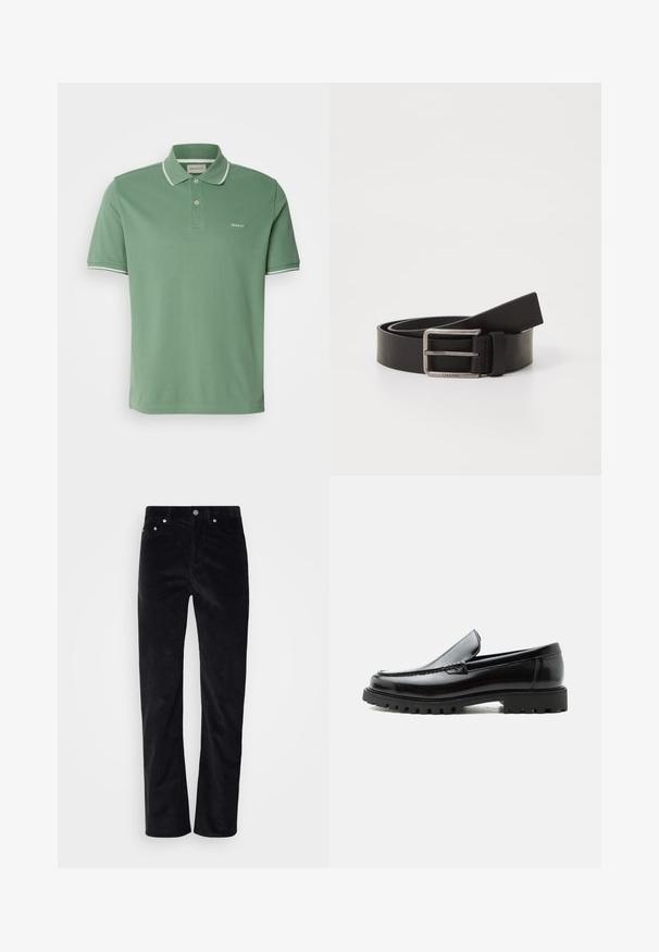 Camisa polo verde de algodón, con cuello, tapeta de dos botones y ribete blanco en las mangas, además de un sutil bordado del logo.; Pantalones de pana negra con diseño de pierna recta. Presentan un cierre de botón y estilo de cinco bolsillos. Tejido texturizado acanalado.; Mocasín de cuero negro con suela de goma gruesa, empeine cosido y nombre de la marca en relieve en el talón, mostrado en perfil lateral sobre fondo blanco.; Cinturón de cuero negro con acabado mate, que presenta una hebilla metálica rectangular y una correa que muestra el logo de Calvin Klein.