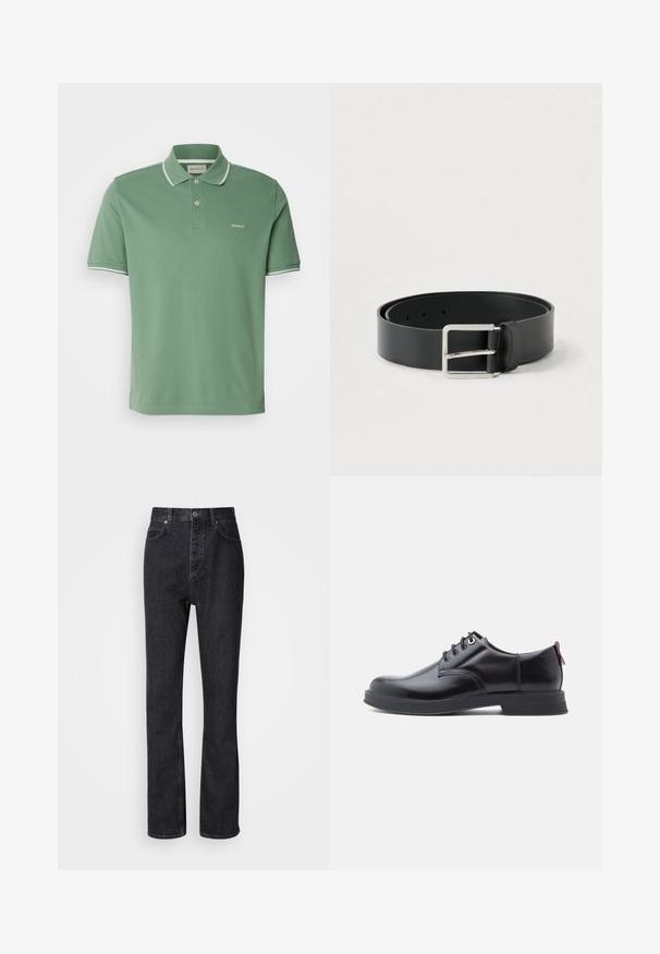 Polo vert en coton, doté d'un col, d'un plastron à deux boutons et de finitions blanches sur les manches avec un discret brodé de logo.; Jean en denim noir taille haute avec fermeture à bouton et à glissière, poches avant et arrière, et coupe droite.; Chaussures en cuir noir à lacets avec une texture lisse, un bout arrondi et des détails de couture discrets. Présentent une languette rouge à l'arrière.; Ceinture en cuir noir à finition lisse, avec une boucle rectangulaire en métal argenté et plusieurs trous de réglage.