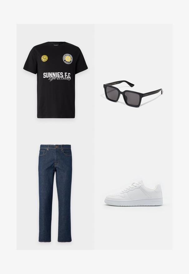 Schwarzes Baumwoll-T-Shirt mit zwei runden Logos auf der Brust. "Sunnies FC" ist in fette weiße Buchstaben mit geschwungenen Akzenten darunter gedruckt.; Dunkelblaue Jeans aus Denim mit geradem Bein, ausgestattet mit einem Knopfverschluss, fünf Taschen und kontrastierenden Nähten.; Weiße Sneaker aus glattem Synthetikmaterial, ausgestattet mit flachen Schnürsenkeln, perforierter Zehenpartie und einer gummierten Sohle mit einem strukturierten Grip-Muster.; Schwarze quadratische Sonnenbrille mit dunklen Gläsern. Das Gestell hat eine matte Oberfläche mit goldener "GUCCI"-Markierung am Bügel. Robuste Bauweise mit kantigen Kanten.