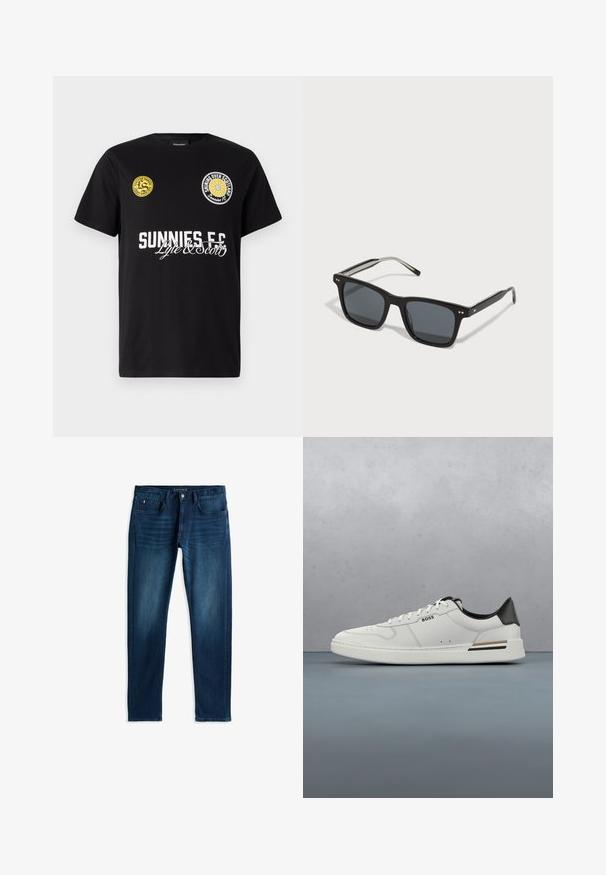 Musta puuvillapaita, jossa on kaksi pyöreää logoa rinnassa. "Sunnies FC" on painettu lihavilla valkoisilla kirjaimilla, ja sen alla on käsinkirjoitusta jäljitteleviä koristeita.; Tummansiniset farkut, joissa on kapea malli, viisi taskua, kontrastiväriset tikkaukset ja napitus vyötäröllä, joka sisältää hienovaraisen haalistuman.; Valkoiset matalat tennarit mustalla kantapäällä, nauhakiristys, hienovaraiset rei'itykset ja "BOSS"-logo sivulla, esitetty ulkoprofiilista.; Mustat neliösankaiset aurinkolasit, joissa tummat linssit, muovikehys, metalliset yksityiskohdat ja allekirjoituslogo sankassa. Tyylikäs muotoilu modernilla ilmeellä.