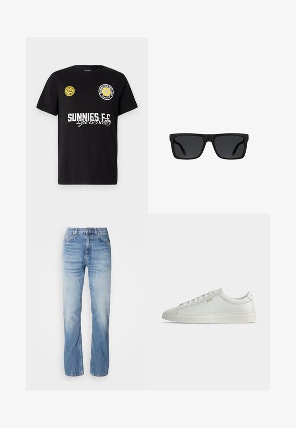 Must must-haki, millel on rinnal kaks ringikujulist logo. "Sunnies FC" on trükitud julgete valgete tähtedega, mille all on kalligraafilised aktsendid.; Heledad sinised teksad sirge lõikega, kulunud viimistlusega, viie taskuga ja nööpide sulgemisega. Klassikaline disain ja keskmise paksusega.; Valge madala säärega nahast tennisejalats paeltega, tasase tallaga ja väikese kuldse "BOSS" logoga küljel, vaadatuna välisküljelt.; Mustad ristkülikukujulised päikeseprillid paksude raamidega ja tumedate toonitud läätsedega valgel taustal.