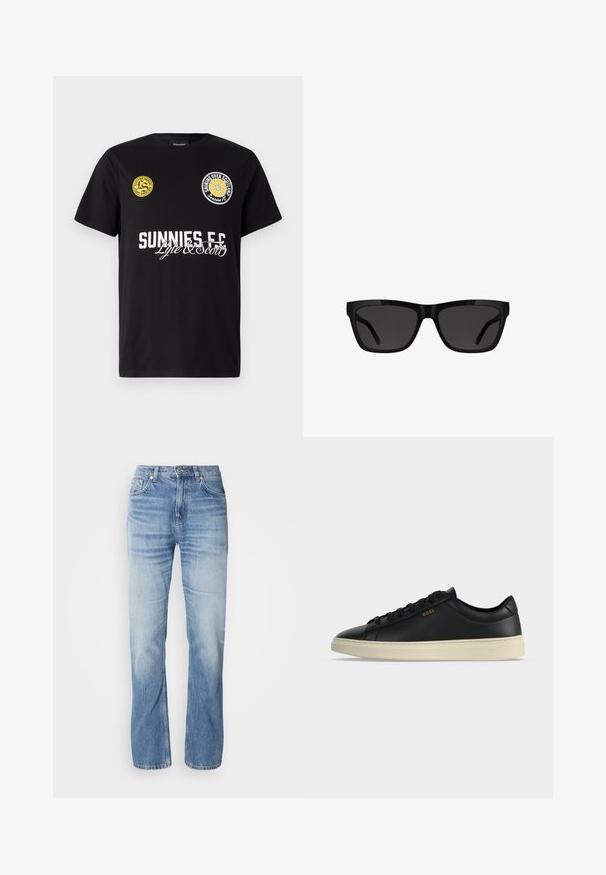 Schwarzes Baumwoll-T-Shirt mit zwei runden Logos auf der Brust. "Sunnies FC" ist in fette weiße Buchstaben mit geschwungenen Akzenten darunter gedruckt.; Hellblaue Jeans aus Denim mit geradem Bein, verblasstem Finish, fünf Taschen und Knopfverschluss. Klassisches Design und mittlere Dicke.; Schwarzer flacher Ledersneaker mit weißer Sohle, schwarzen Schnürsenkeln und kleinem goldfarbenem BOSS-Logo an der Seite.; Schwarze Sonnenbrille mit rechteckiger Form, glänzendem Kunststoffrahmen, dunklen Gläsern und elegantem Bügeldesign, geeignet für verschiedene Gesichtsformen.