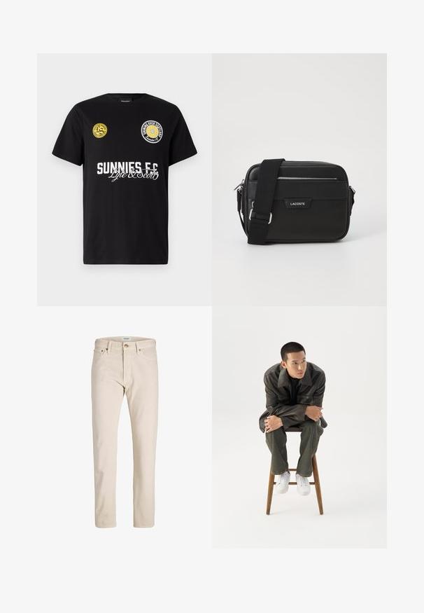 Must must-haki, millel on rinnal kaks ringikujulist logo. "Sunnies FC" on trükitud julgete valgete tähtedega, mille all on kalligraafilised aktsendid.; Beežid sirge säärega teksad, millel on nööp- ja tõmblukuga sulgurid, vööaugud ning esiküljel ja tagaküljel taskud, kuvatud valgel taustal.; Noor mees tumedas nahktakšis ja teksades istub puidust pingil, kaldub ette, käed rüpes, vaatab valgel taustal küljele.; Mustang mustekott tekstureeritud sünteetilisest materjalist, hõbedased detailid, reguleeritav rihm, ees logo plaat ja lukuga sulgemine.