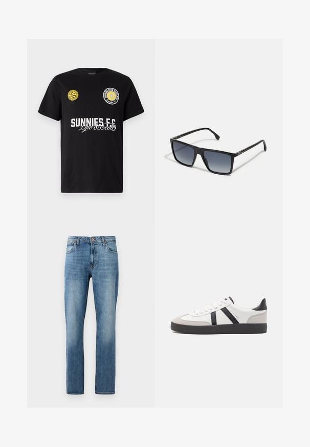 Musta puuvillapaita, jossa on kaksi pyöreää logoa rinnassa. "Sunnies FC" on painettu lihavilla valkoisilla kirjaimilla, ja sen alla on käsinkirjoitusta jäljitteleviä koristeita.; Siniset suorat farkut, joissa on viisi taskua, nappi- ja vetoketjukiinnitys, esillä yksinkertaisen valkoisen taustan edessä.; Valkoiset lenkkarit mustilla ja harmailla yksityiskohdilla, joissa on teksturoitu harmaa kärki, musta kumipohja ja litteät valkoiset nauhat. Siisti muotoilu, minimalistinen tyyli.; Mustat suorakulmaiset aurinkolasit, joissa on liukuvärjätyt tummat ja vaaleat linssit. Muoviset kehykset, joissa on tyylikäs muotoilu ja minimaalinen tekninen yksityiskohta sivuilla.