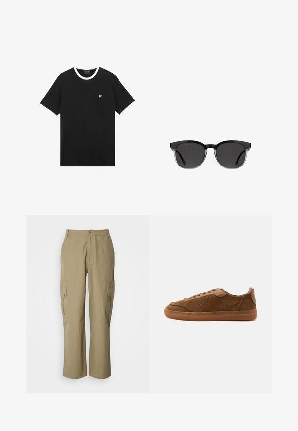 Sort T-shirt med hvid krave og ærmekanter, lavet af bomuld. Har en lille gul broderet ørnelogo på brystet.; Beige cargo bukser lavet af letvægtsstof, med to sidelommer, knaplukning og lige ben design.; Brun ruskind lavtop-sneakers med matchende snørebånd og gummisål, vist fra ydersiden på en ensfarvet baggrund.; Sorte solbriller med en geometrisk form, der har en skinnende ramme og mørke linser. Metalaccenter på toppen tilføjer et karakteristisk detaljer.