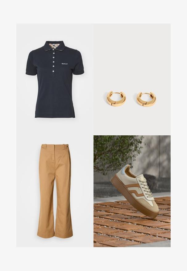 Tumesinest puuvillane polo särgiga, millel on krae ja nupuvahi. Valge broderi "Barbour" logo. Lühikesed varrukad ja ruuduline äär.; Laiade püksid, valmistatud beežist puuvillast, kõrge vöökohaga, kaks kuldset nuppu ja sile tekstuur. Ei ole nähtavaid mustreid ega aktsente.; Beežist nahast tossud tekstuurse tan-nahast ninaosaga. Omavad beežepaelu ja pruuni kummist tallaga, mida kaunistavad kuldsed bränding ja õmbluse detailid.; Paari väikseid, pakse kuldseid rõngakujulisi kõrvarõngaid, millel on sile ja läikiv viimistlus tavalise heleda tausta peal.